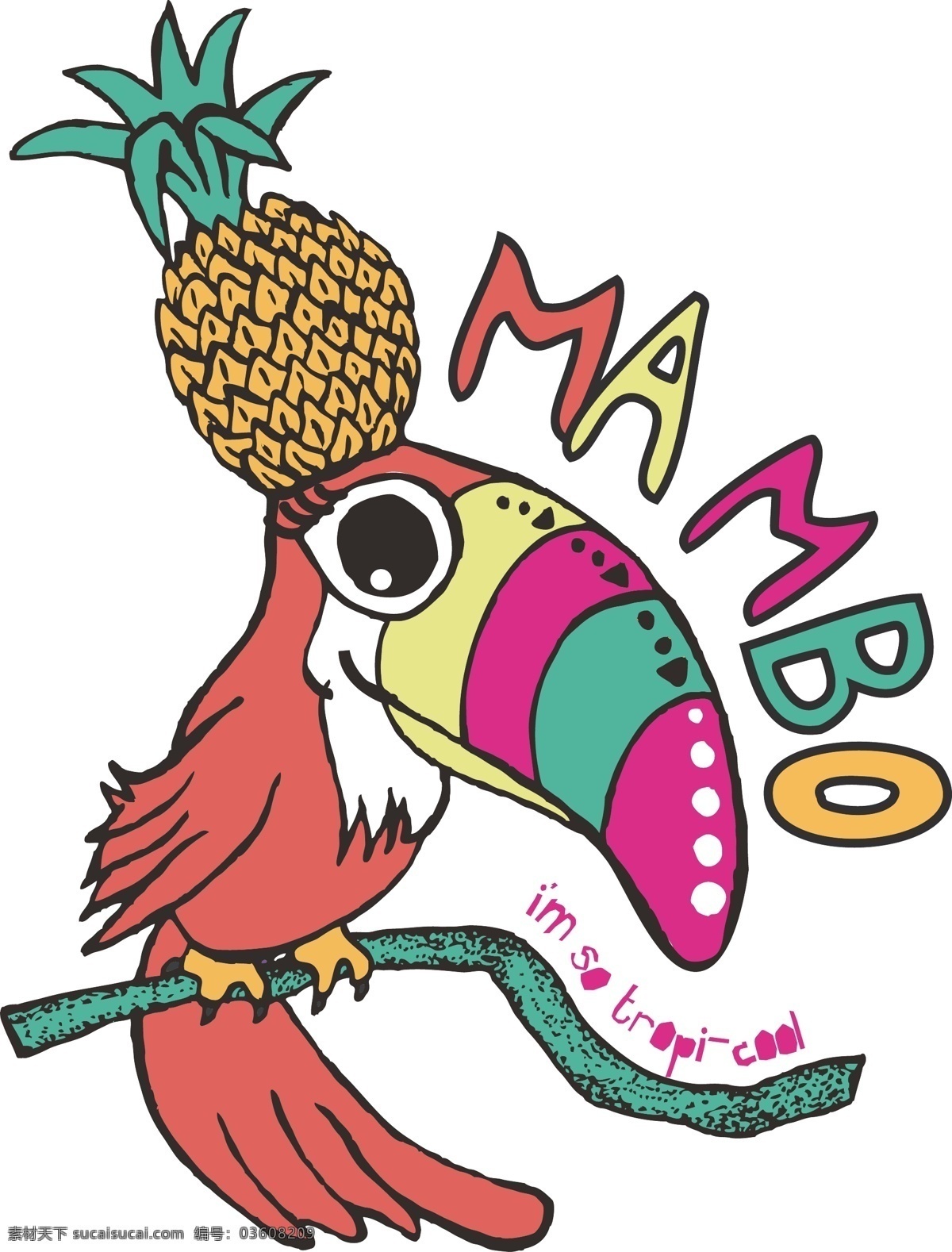 啄木鸟 头顶 菠萝 英文 小鸟 mambo 矢量素材 其他矢量 矢量