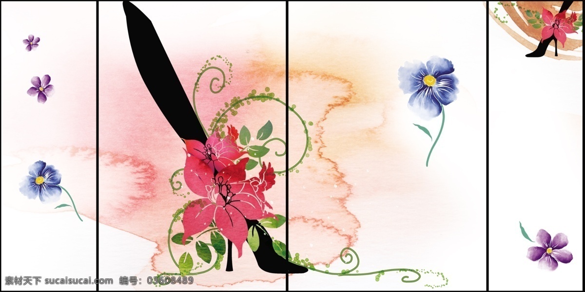玻璃画 潮流花纹 广告设计模板 韩国手绘 花卉 墨迹背景 手绘花纹 藤蔓 抽象 毛笔 花纹 移门 高跟鞋 移门图案 源文件 装饰素材