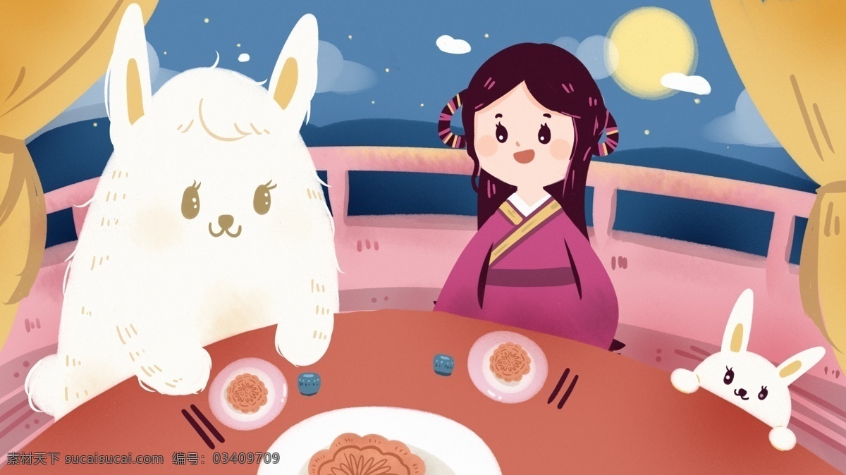 中秋节 嫦娥 月 兔 月饼 聚会 聚餐 团圆 月亮 夜景 月兔