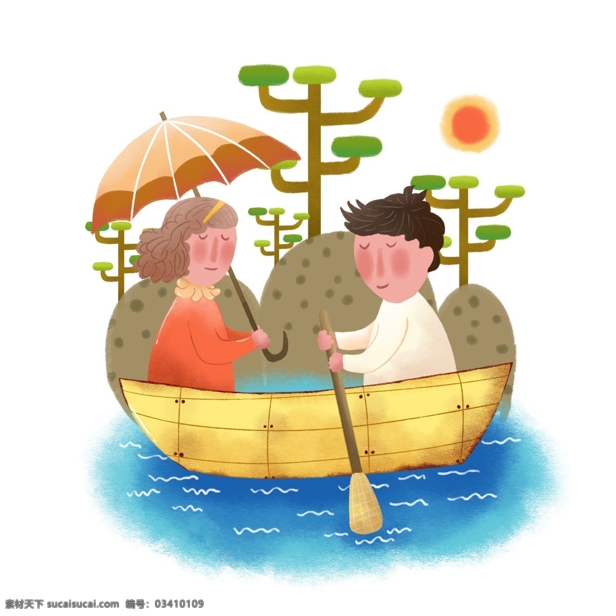 手绘 风 清明 踏青 划船 游玩 场景 手绘风 山 水 树 太阳 情侣 元素 可商用