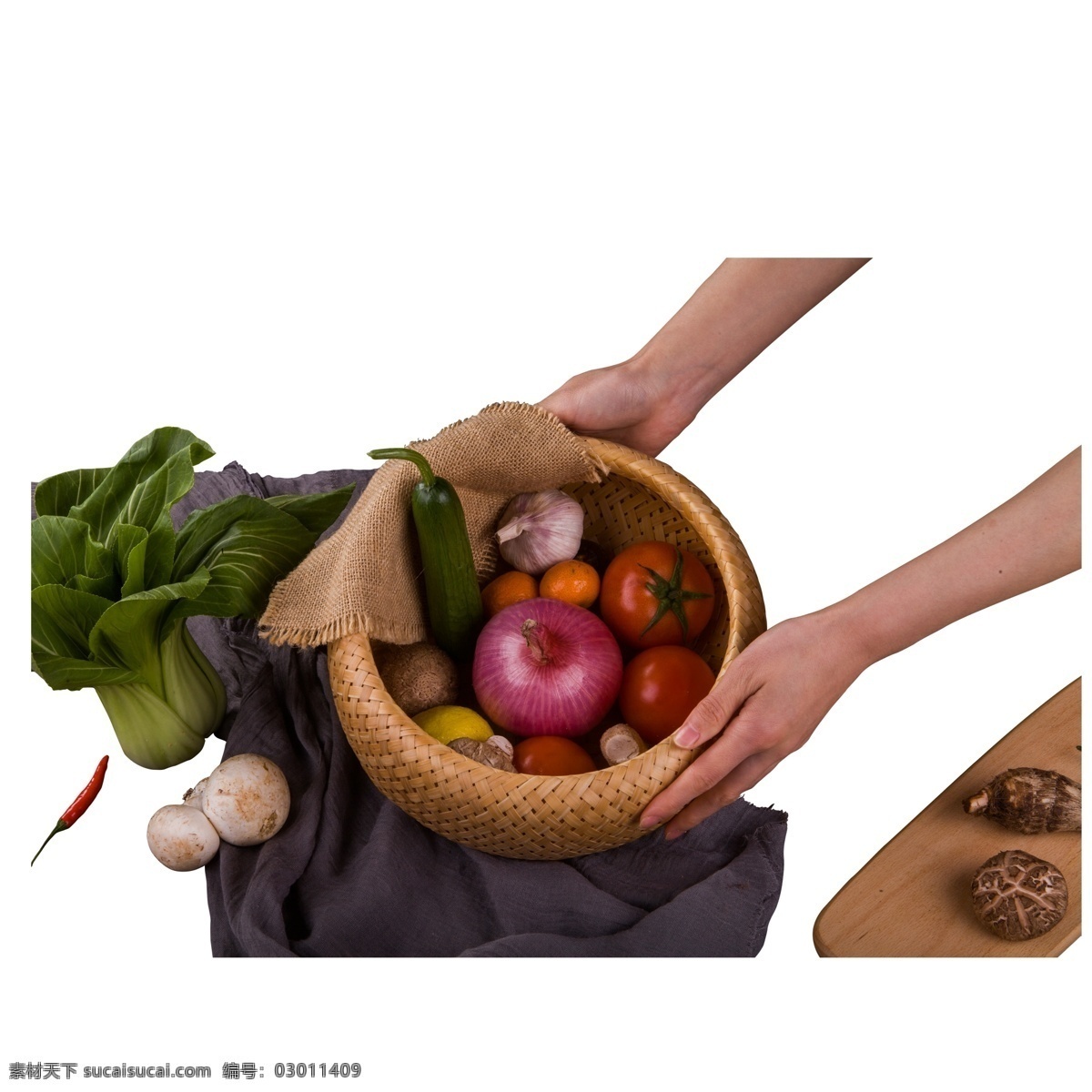 彩色 手 篮子 蔬菜 元素 创意 手拿 一篮子 美食 味道 吃的 可爱 光泽 桌布 烹饪 食物 叶子