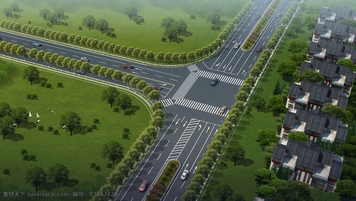道路 北 3d设计 车辆 房屋 马路 室外模型 天空 效果图 道路北 人行道 3d模型素材 建筑模型