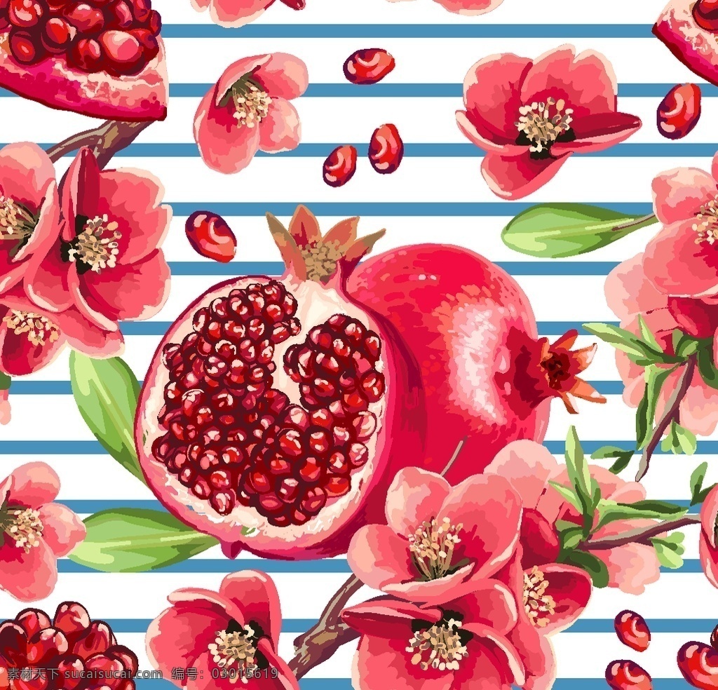 水彩水果石榴 水彩绘画 水果 食物 石榴 红色 背景 创意图案