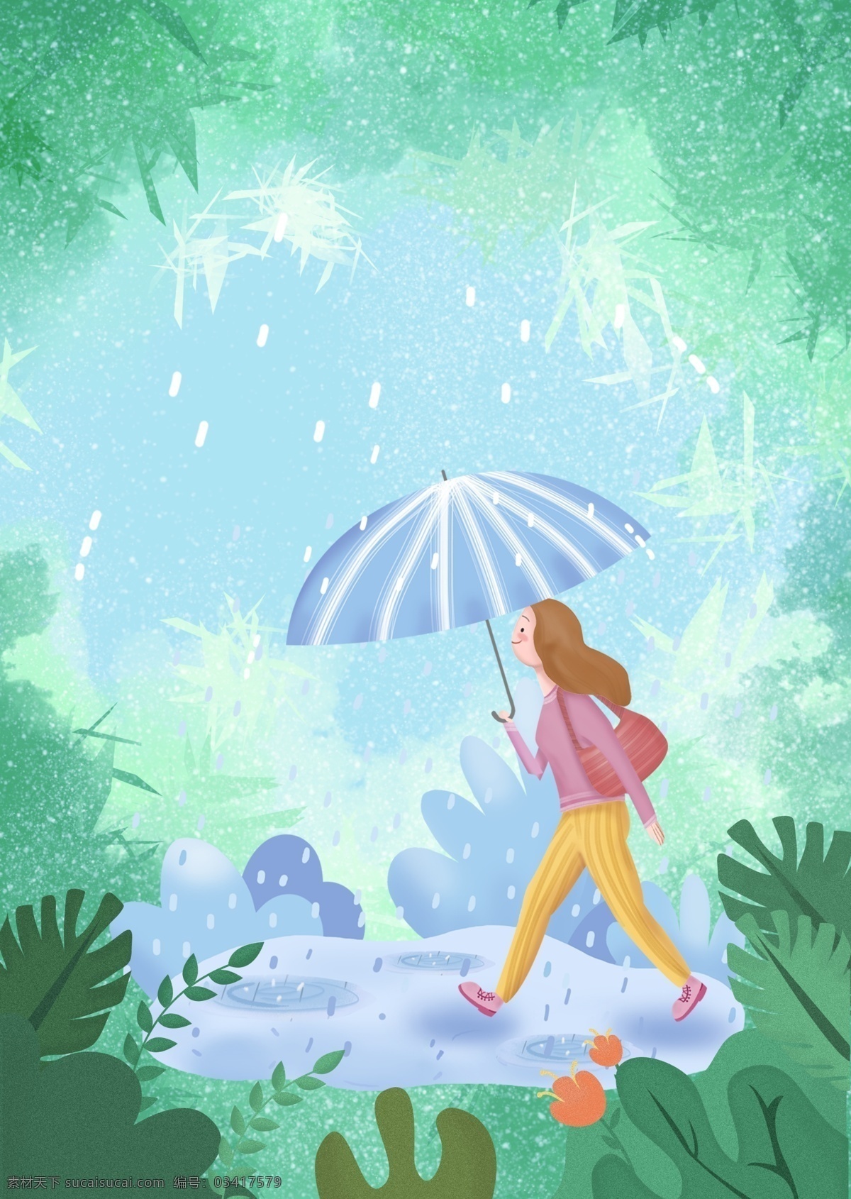 绿色 清明节 海报 背景 清明 节气 谷雨 雨水 卡通风 春景 旅游 燕子 草地 下雨
