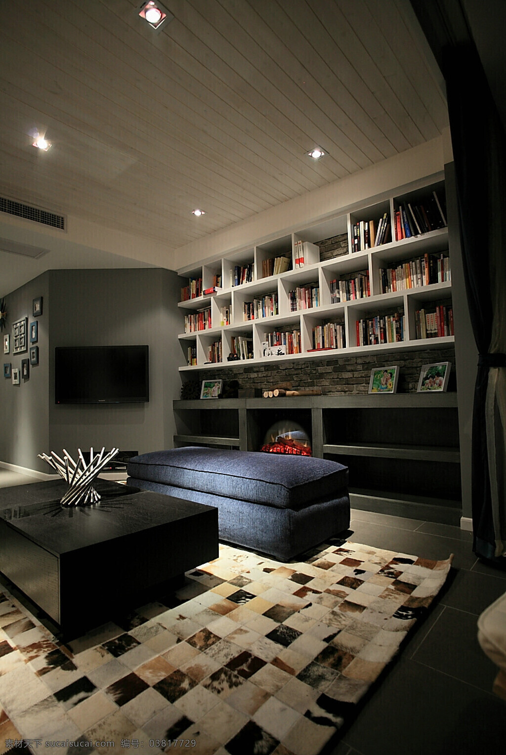 创意 别墅 现代 书房 效果图 3d模型 创意地毯设计 电视机 黑色 软 装 室内设计 设计素材 室内装修 书柜 书籍 现代时尚