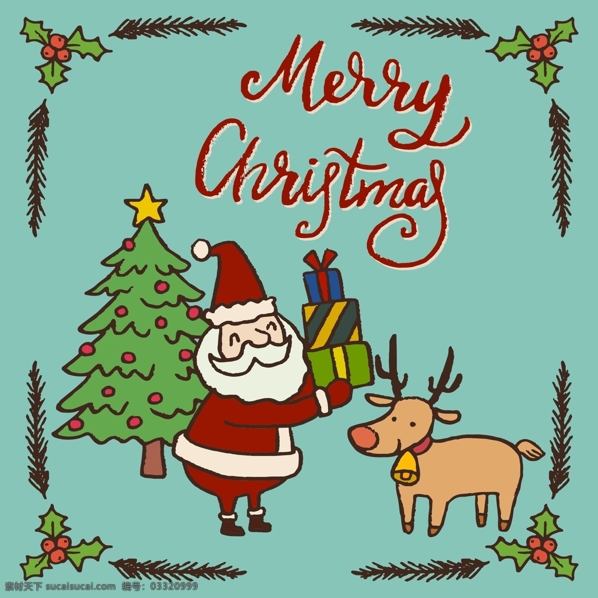 手绘 圣诞 圣诞老人 驯鹿 圣诞树 手绘圣诞老人