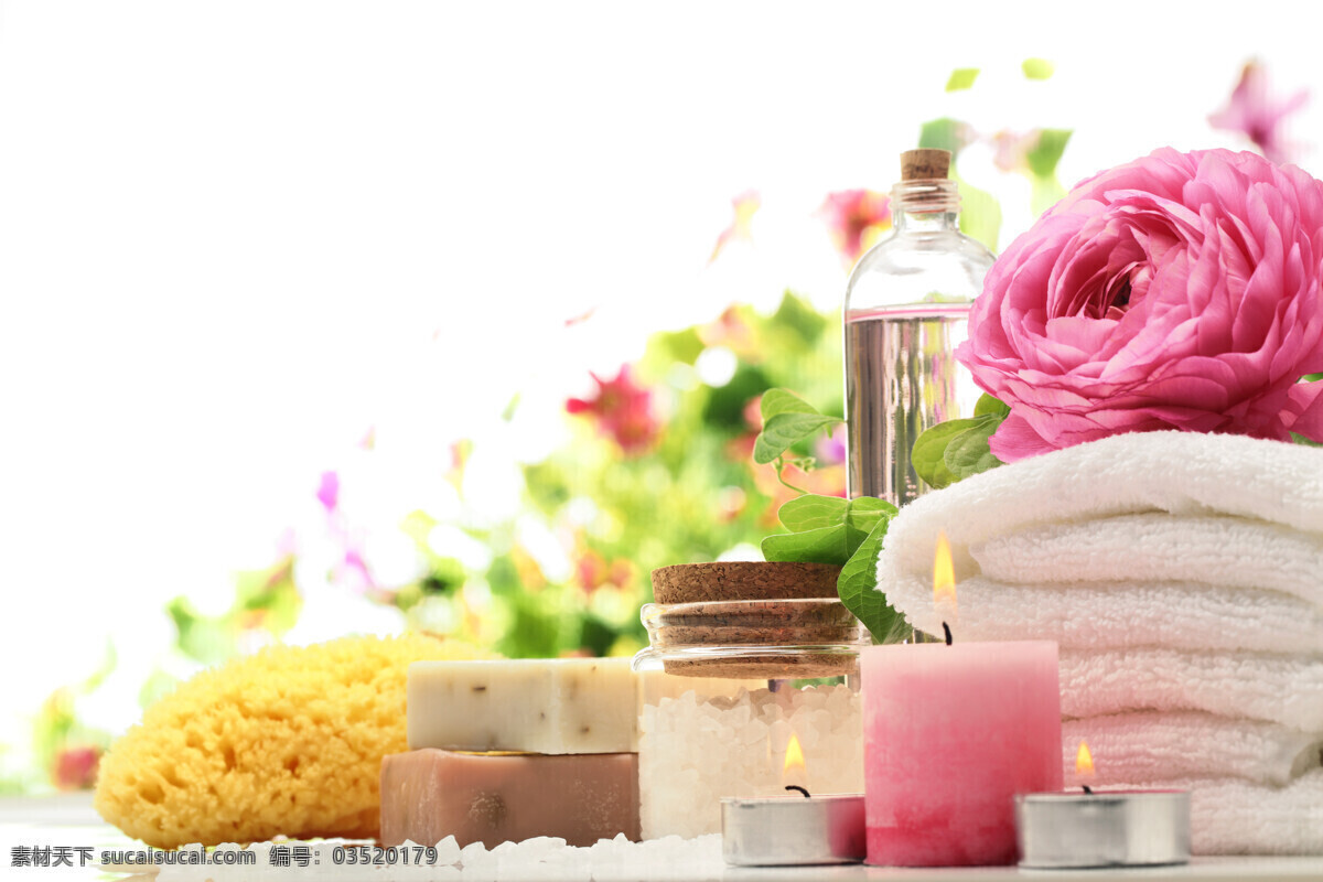 放在 一起 spa 用品 放在一起 spa用品 手工皂 香薰蜡烛 毛巾 花朵 生活用品 生活百科