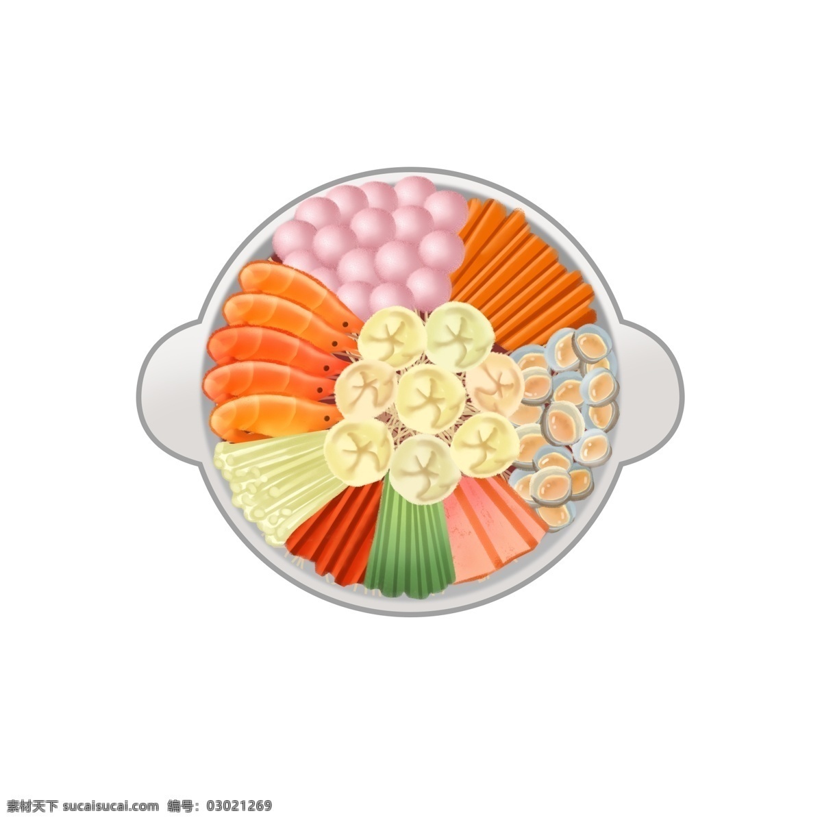 手绘 卡通 冬至 俯视 圆形 火锅 美食 食物 元素 手绘火锅 卡通火锅 圆形火锅 虾 金针菇 青菜 肉丸 贝壳 胡萝卜 装饰图案