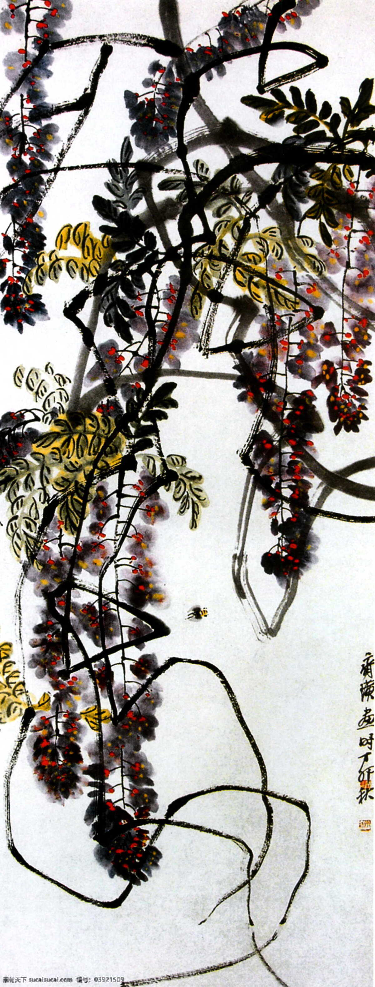 蜜蜂藤萝 丹青 装饰画 中国画 白色
