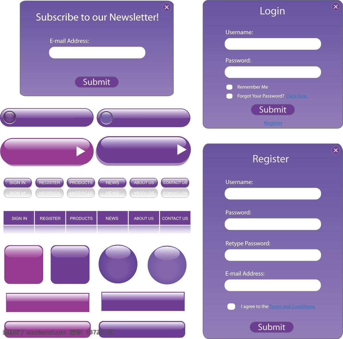 紫色 主题 网站 装饰 元素 网站素材 网站装饰素材 紫色按钮 紫色水晶ui 网站信息框 矢量图 其他矢量图