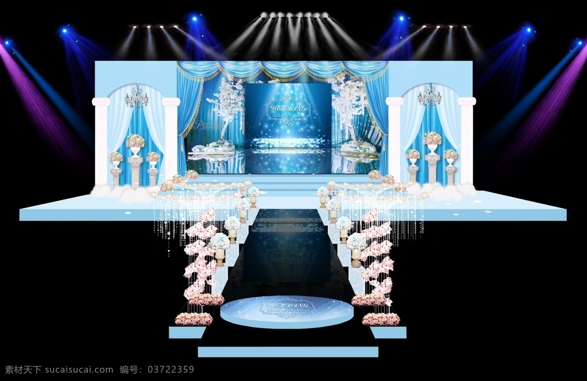 蓝色 简单 大气 婚礼 罗马柱 花盆 水晶灯 背景 蓝色布幔 方台 镜面 透明亚克力 水晶树
