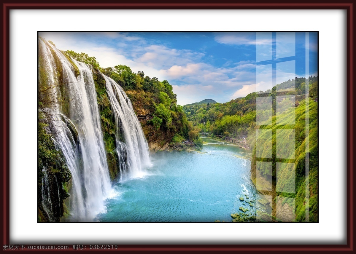 瀑布山水 纯手绘高山流水瀑布聚宝盆油画玄关图片下载_红动中国