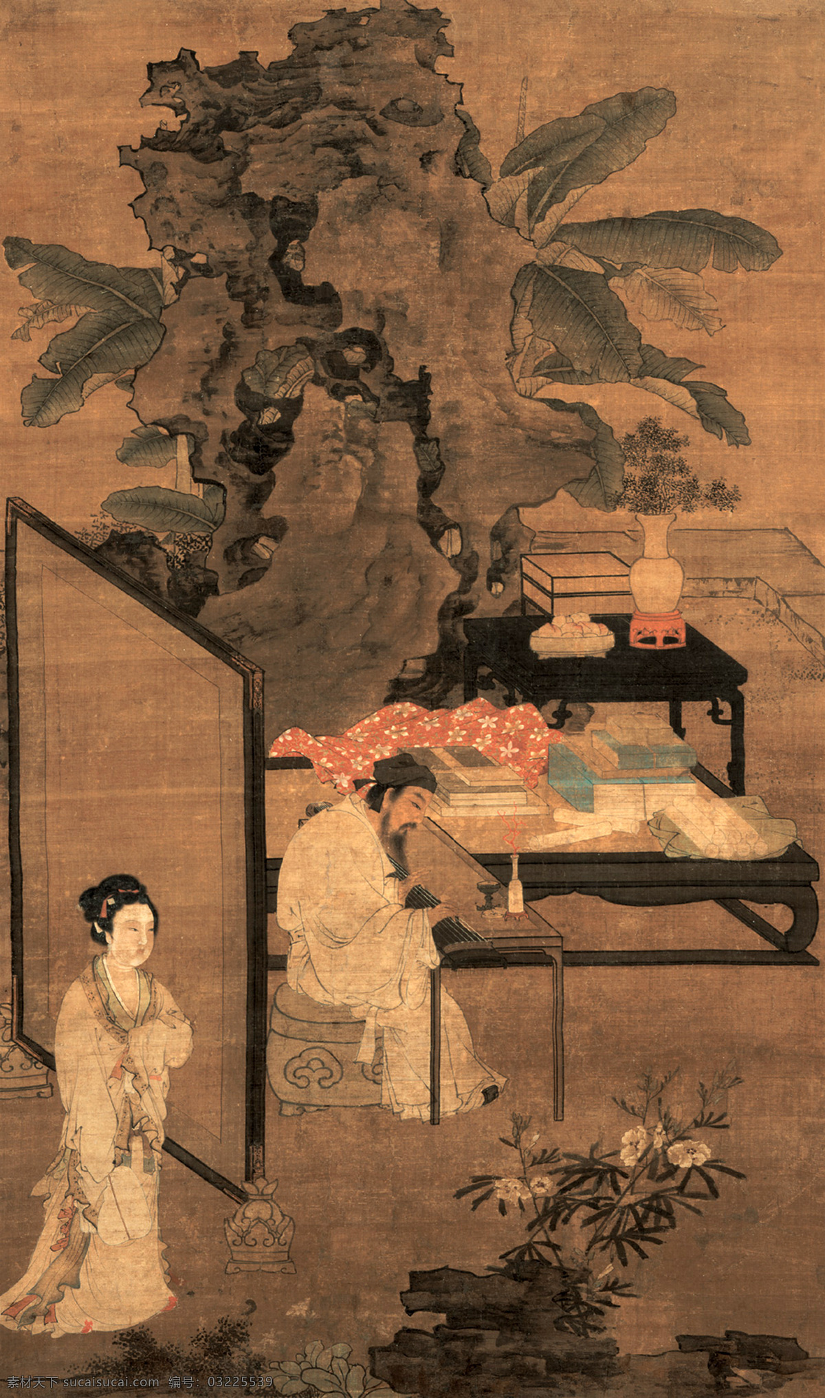 听琴图 杜 堇 明代 芭蕉 太湖石 假山 抚琴 弹琴 听琴 仕女 屏风 桌子 条几 传世 名画 山水 水墨 人物 国画 中国古典绘画 绘画书法 文化艺术