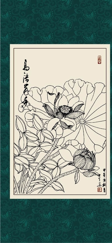 绘画 白描 线描 手绘 国画 轮廓 印章 书法 装裱 植物 花卉 花草 花鸟 工笔 写实 写生 毛笔画 昆虫 白描荷花 文化艺术 绘画书法