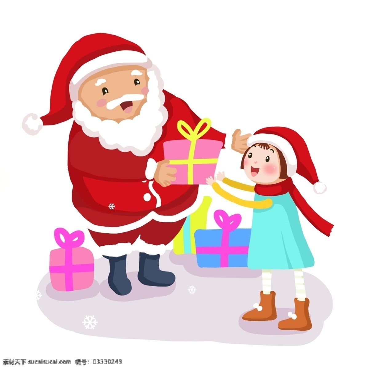 卡通 手绘 圣诞节 送礼 物 圣诞老人 可爱 小女孩 圣诞节礼物 下雪 雪花 戴 圣诞 帽子 人物