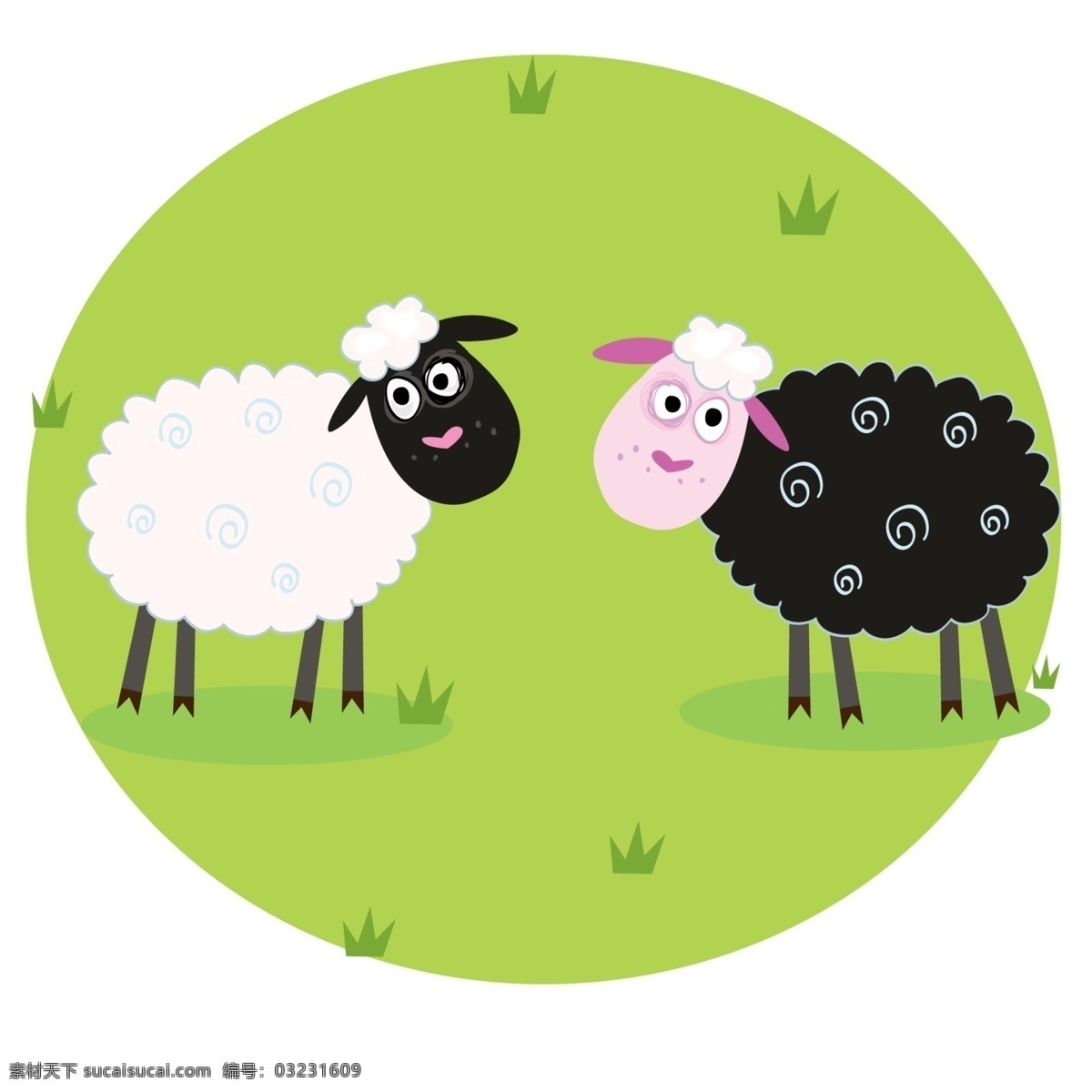 小羊肖恩 绵羊 白羊 黑羊 草地 吃草 绿色 羊年 可爱动物 分层