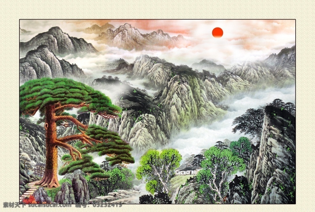 迎客松中堂画 山水画 迎客松 中堂画 客厅画 水墨 风景 分层 源文件