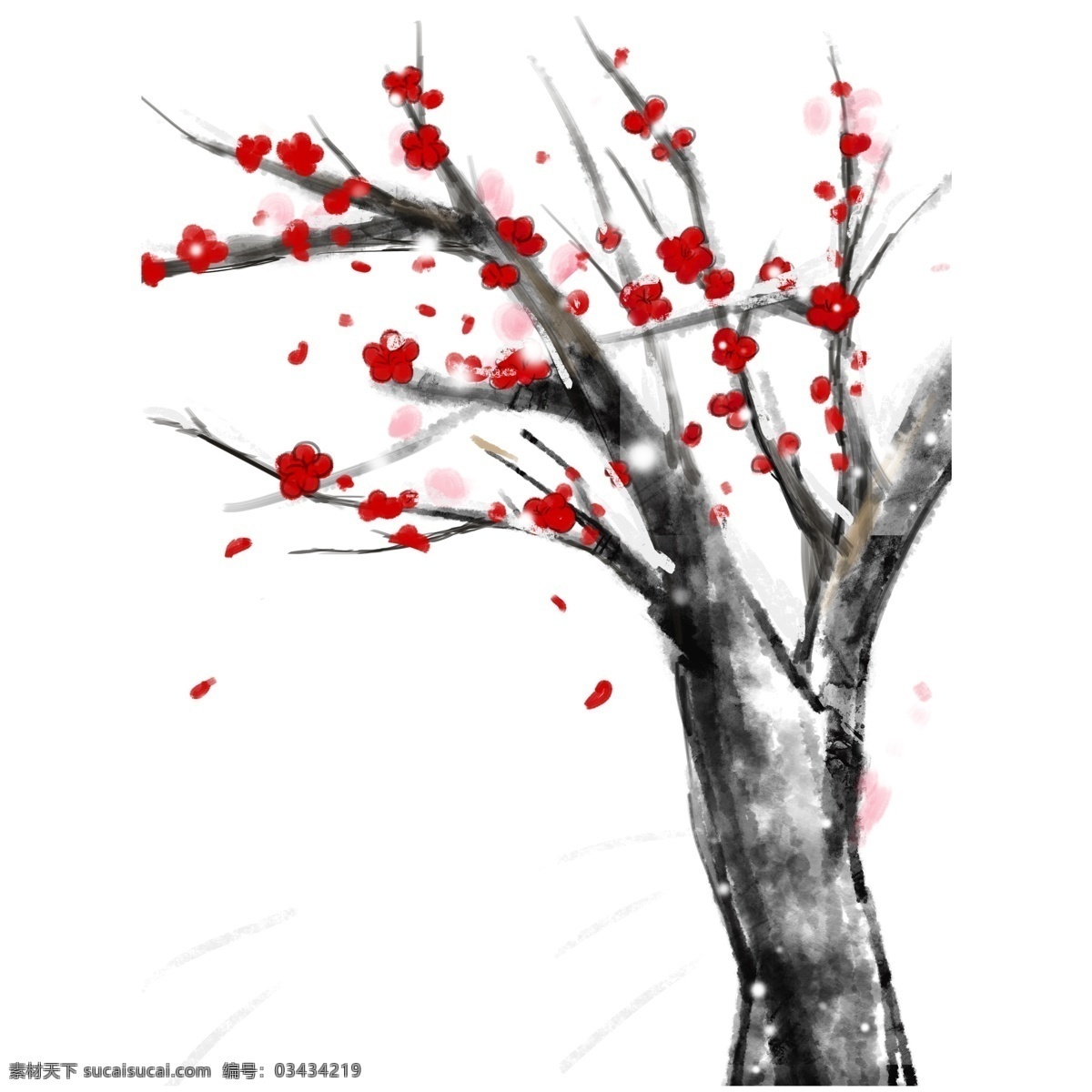 优美 古风 冬季 梅花 树 中国风 插画 红梅 手绘 梅花树 大雪 过冬