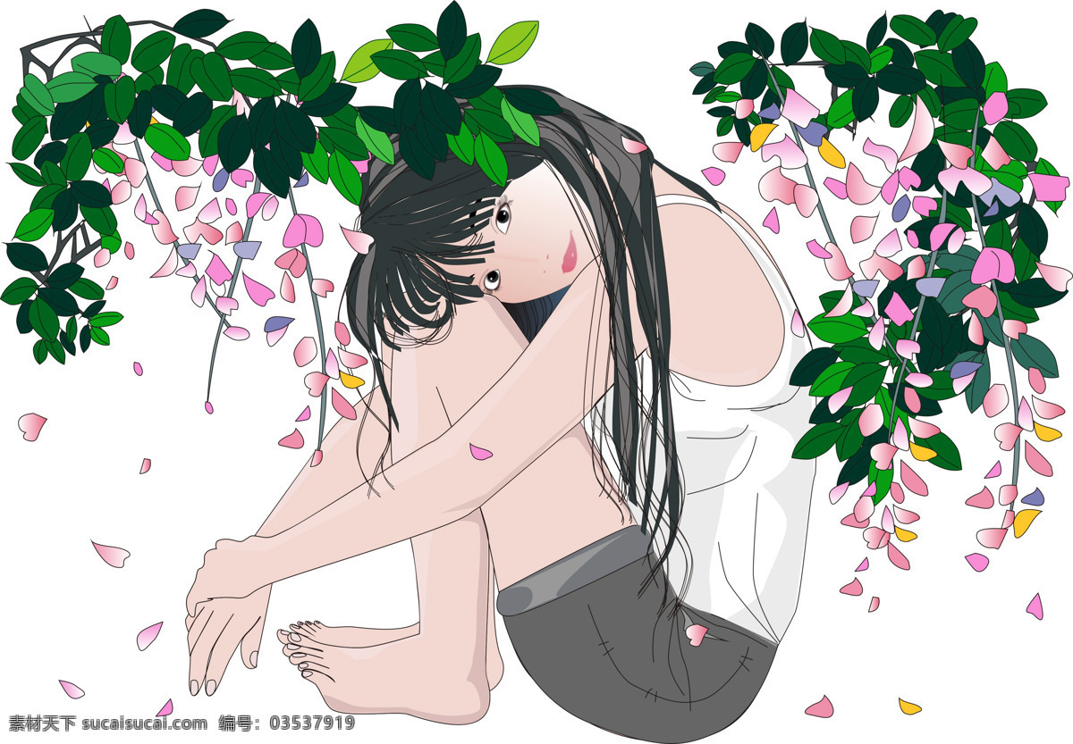 cg 插画 动漫人物 动物 红花 花瓣 花丛 花藤 花藤下的少女 少女 女孩 藤萝 藤蔓 光脚 卡通 手绘 游戏 绘画书法 文化艺术 插画集