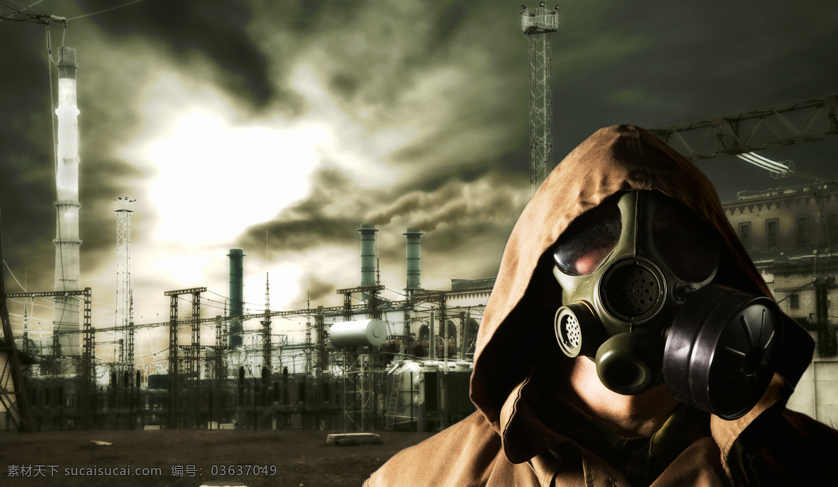 带 防毒面具 人 人物 男性 化工厂 环境污染 昏暗天空 毒烟 军事武器 现代科技