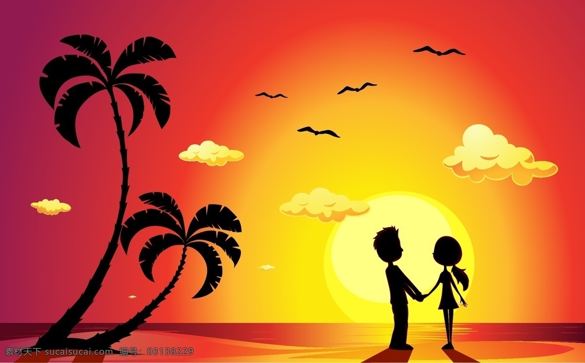 夕阳 下 沙滩 情侣 剪影 大海 海鸥 矢量图 椰子树 其他矢量图