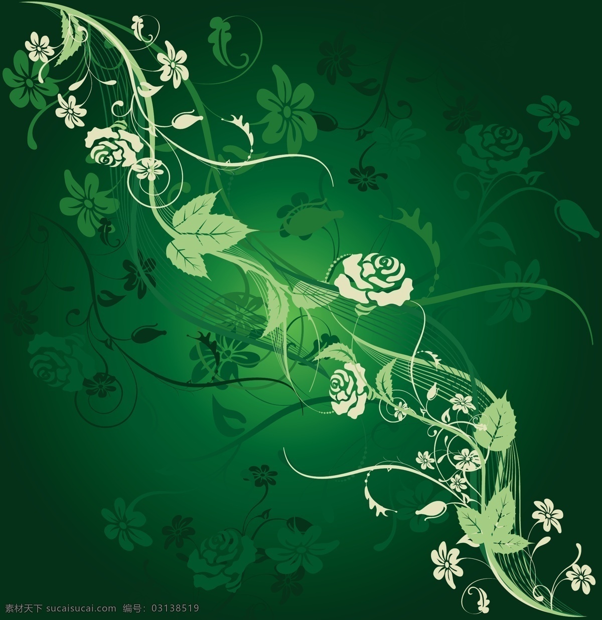 花纹 图案 矢量 白色 背景 淡雅 底纹 动感 花朵 华丽 渐变 绿色 神秘 玫瑰花 生机 线条 叶子 印花 矢量素材 矢量图 花纹花边