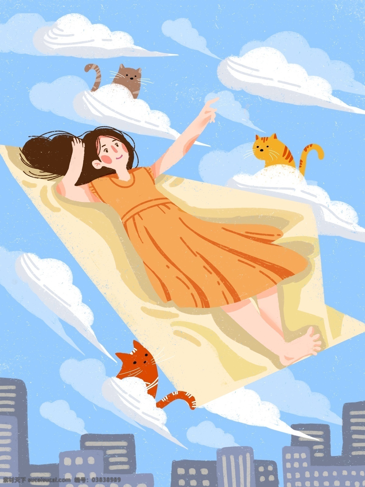 梦想 幻想 纸 飞机 小女孩 宠物 猫咪 旅行 记 插画 小清新 天空 白云 厚涂 插图 配图 纸飞机