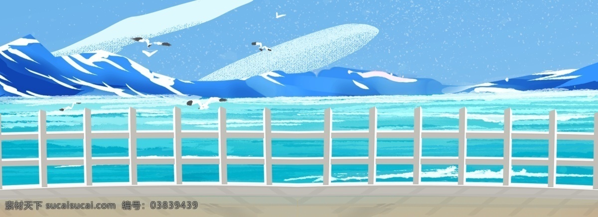 手绘 蓝色 海边 自然风景 背景 气泡框 简约 扁平 矢量 卡通 可爱 小清新