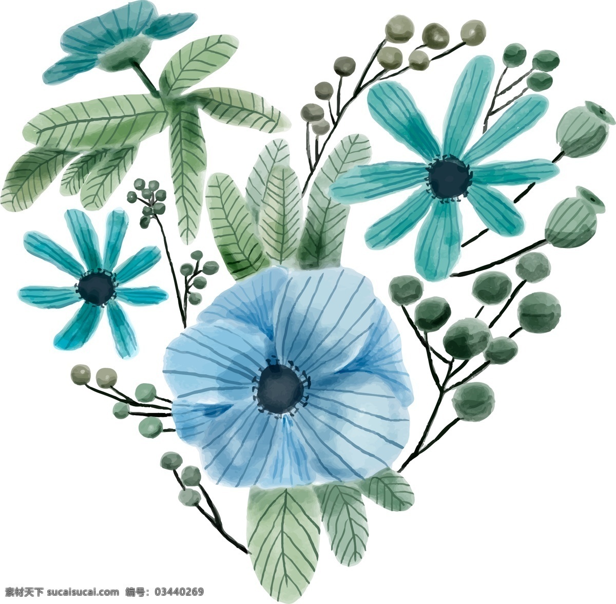 水彩 小 清新 蓝色 花卉 花朵 矢量素材 手绘 手绘插画 手绘花朵 手绘花卉 手绘植物 水彩花卉 小清新
