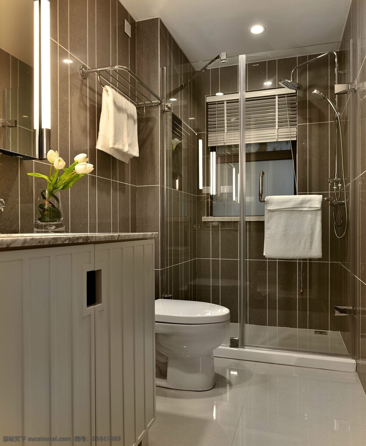 现代 时尚 浴室 褐色 背景 墙 室内装修 效果图 浴室装修 白色地板 瓷砖桌面 玻璃浴室