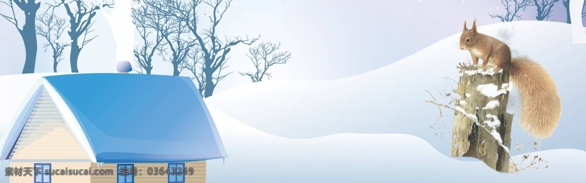 风景 可爱 冬季 雪花 banner 背景 蓝色 卡通 房子 景色 雪人 树枝 白雪茫茫 白色