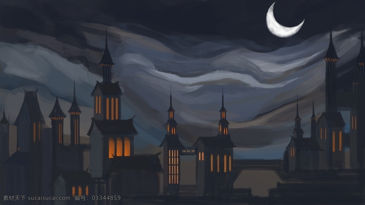 创意 涂鸦 风格 午夜 城 怪异 城堡 夜色 插画 城镇 中世纪