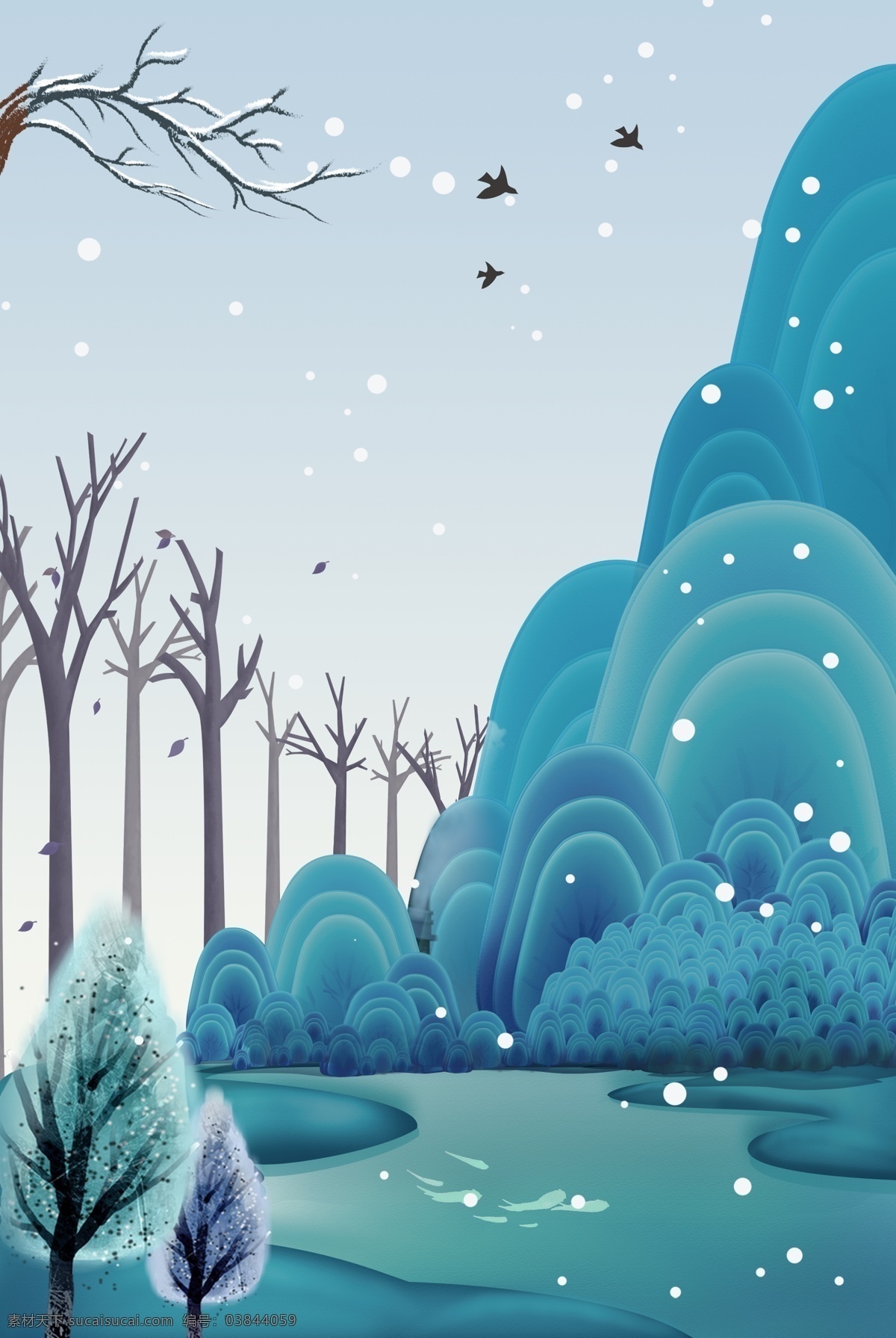 莫 兰迪 简约 手绘 山水 枯树 海报 莫兰迪 高端 大气 燕子 祠堂 下雪