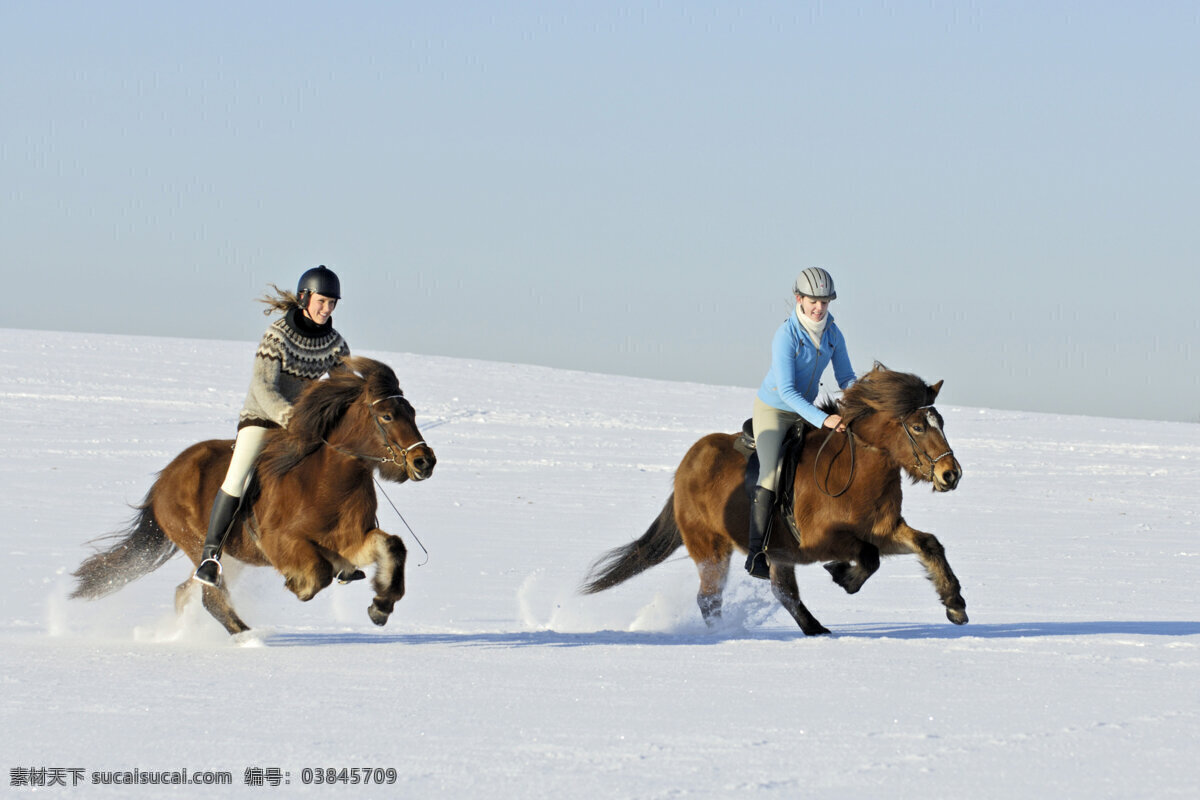 雪地 里 赛马 两个 女孩 骑马 休闲 金发美女 户外女性 女人 国外女人 户外女人 女子 漂亮女孩 雪景 树林 生活人物 人物图片