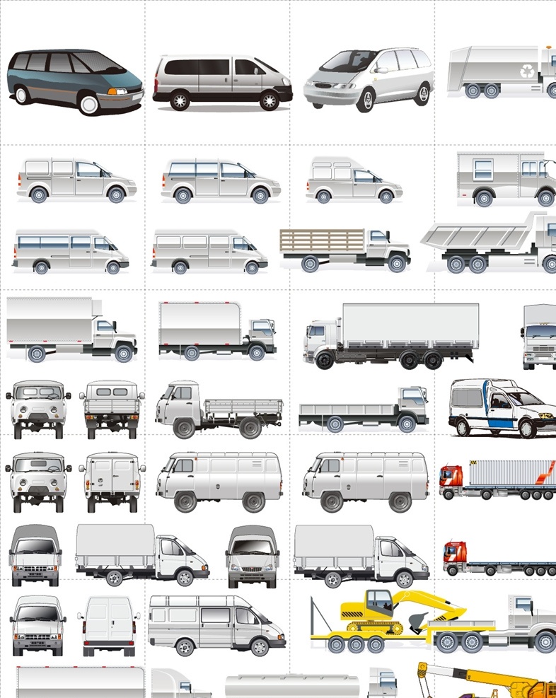 矢量汽车 手绘汽车 卡通汽车 汽车插画 面包车 矢量面包车 卡通面包车 手绘面包车 矢量货车 卡通货车 手绘货车 货车插画 汽车正面 汽车背面 汽车车头 运输工具 吊机 施工车 挖土机 垃圾车 汽车集合 货车集合 面包车集合 交通工具 现代科技