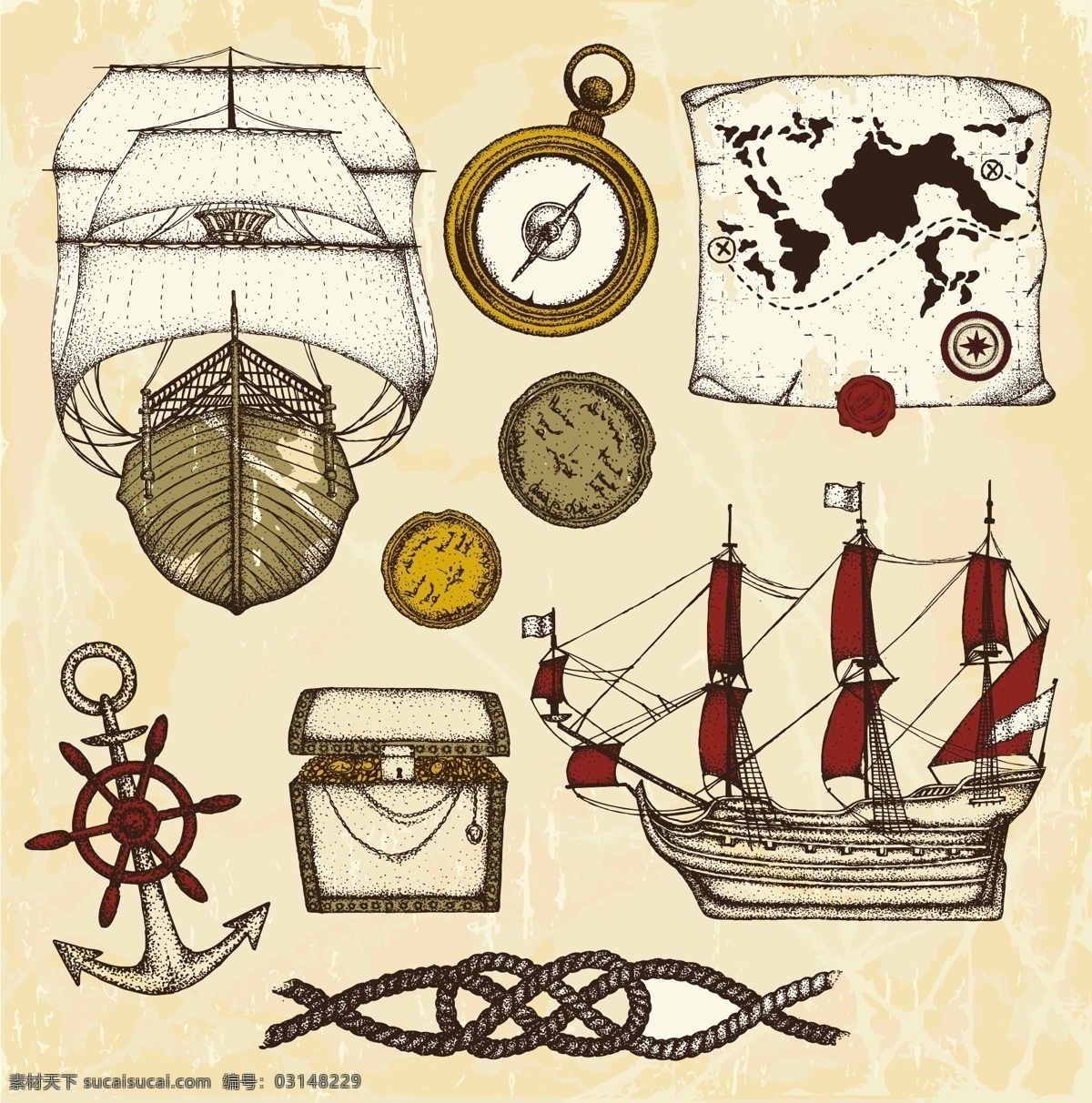 手绘 航海 探险 帆船 指南针 藏宝图 藏宝箱 缆绳 麻绳 绳子 抛锚 用品 矢量 素描画 钢笔画 其他设计