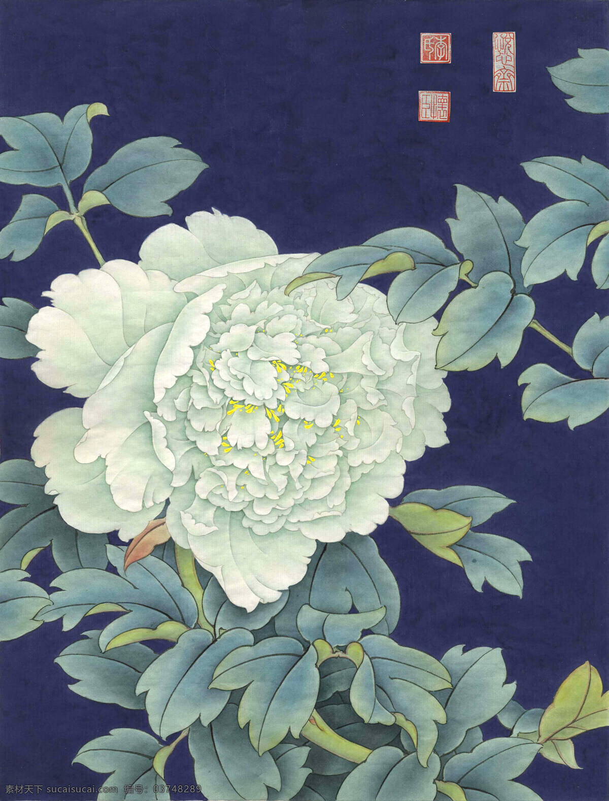 豆绿牡丹花 李怀臣 中国画 工笔 牡丹 豆绿 蓝色背景 绘画书法 文化艺术