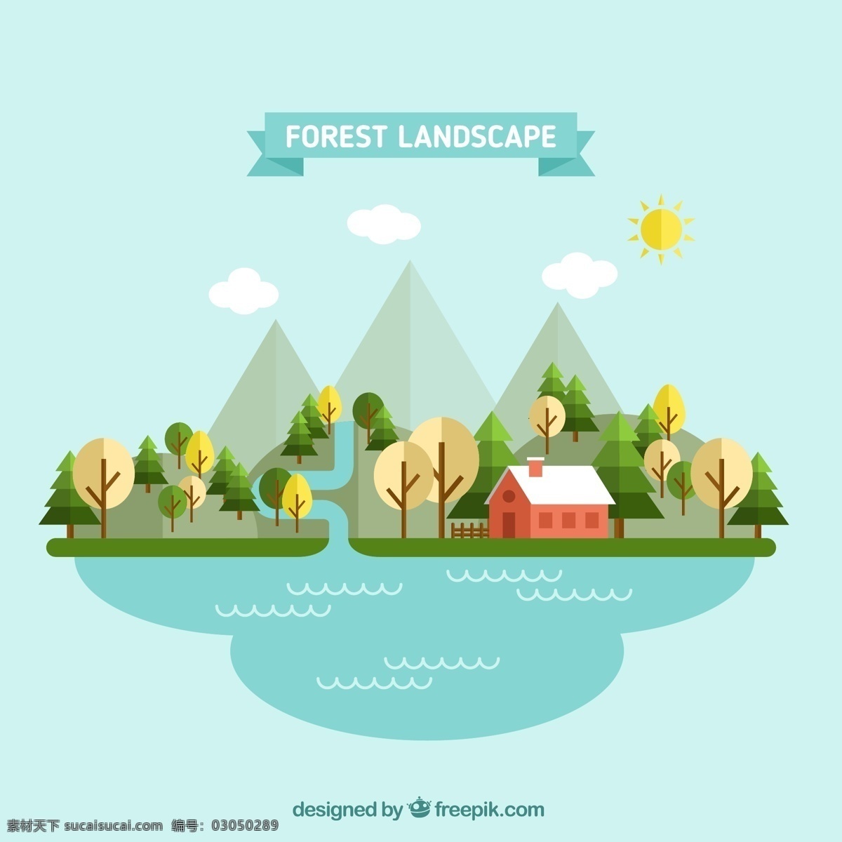 平面设计 中 森林 景观 房子 绿色 自然 海洋 山 太阳 风景 可爱 春天 树叶 平坦 树木 环境 平坦的设计 河 绿叶