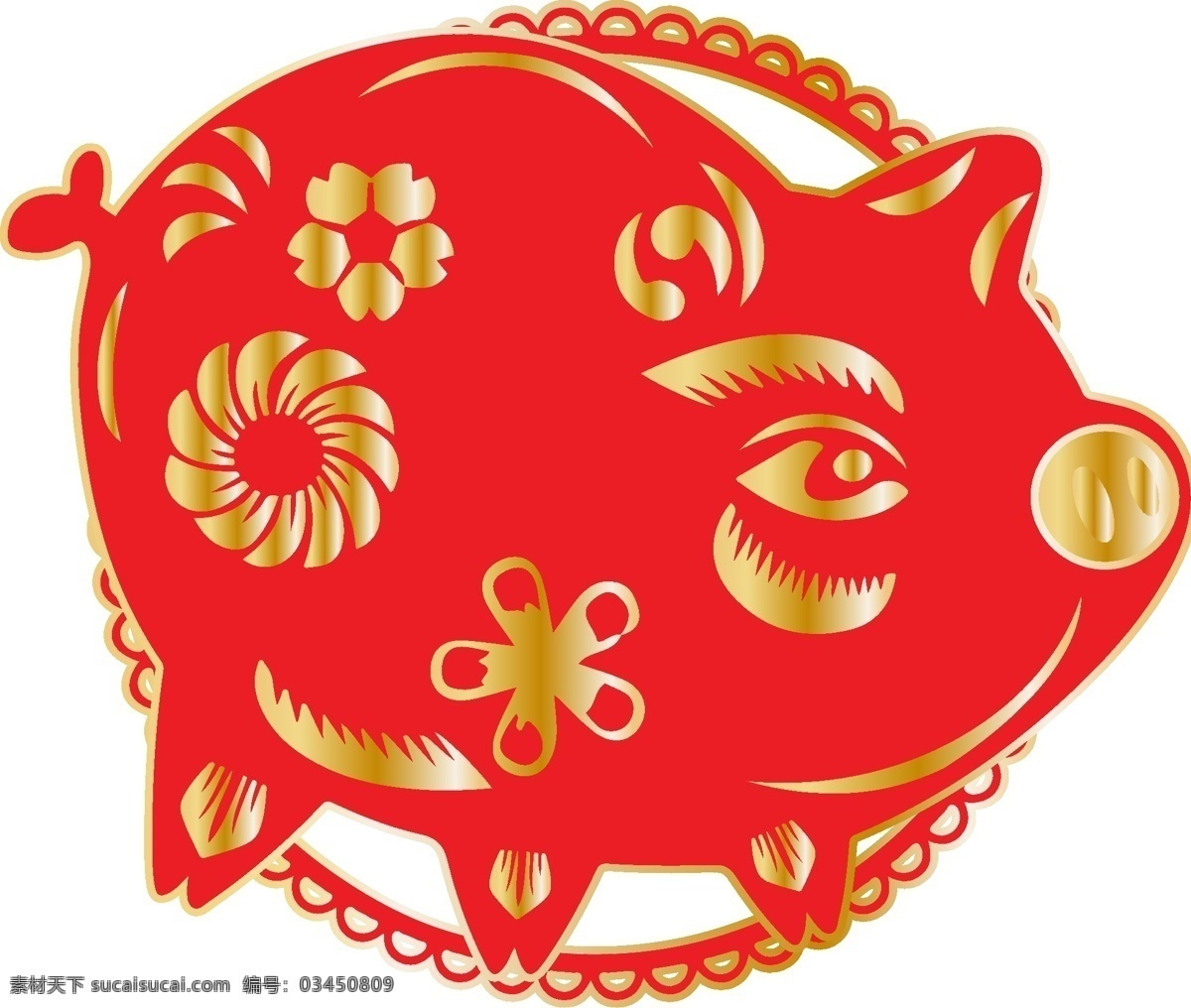 红色 金色 猪 剪纸 春节 ai素材