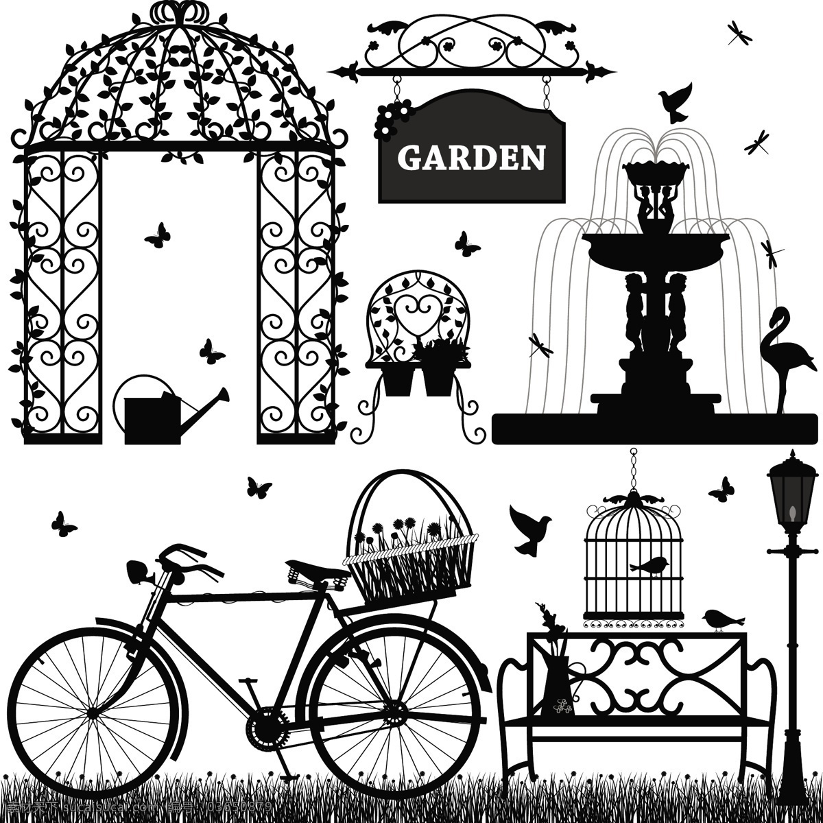 欧式 花园 元素 矢量 吊牌 拱门 蝴蝶 剪影 鸟笼 喷泉 矢量素材 自行车 排椅 矢量图 日常生活