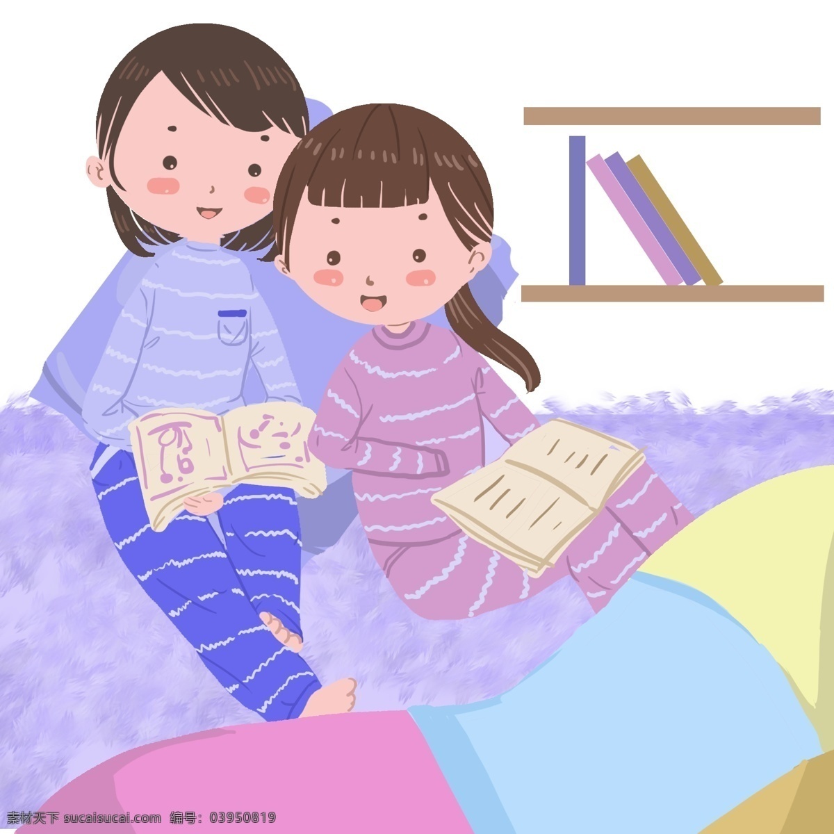 女孩 被窝 里 看书 冬季 严寒的冬天 两个女孩 小清新插图 五颜六色的被 温暖 安静的看书