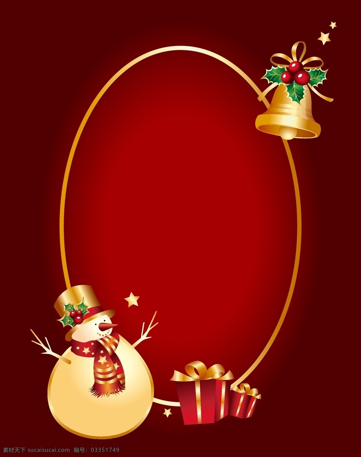 矢量 质感 雪人 礼物 圣诞节 背景 红色 椭圆边框 铃铛 海报 卡通 童趣 手绘