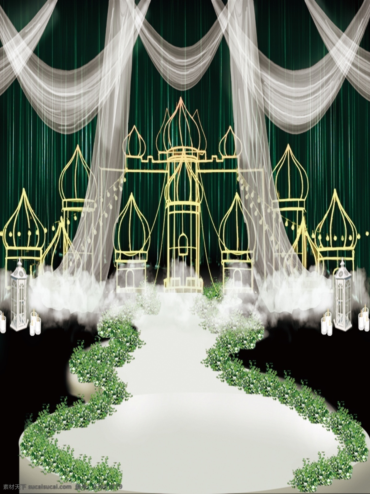 梦幻 墨绿 帷幔 城堡 云朵 婚礼 效果图 墨绿色 不规则舞台