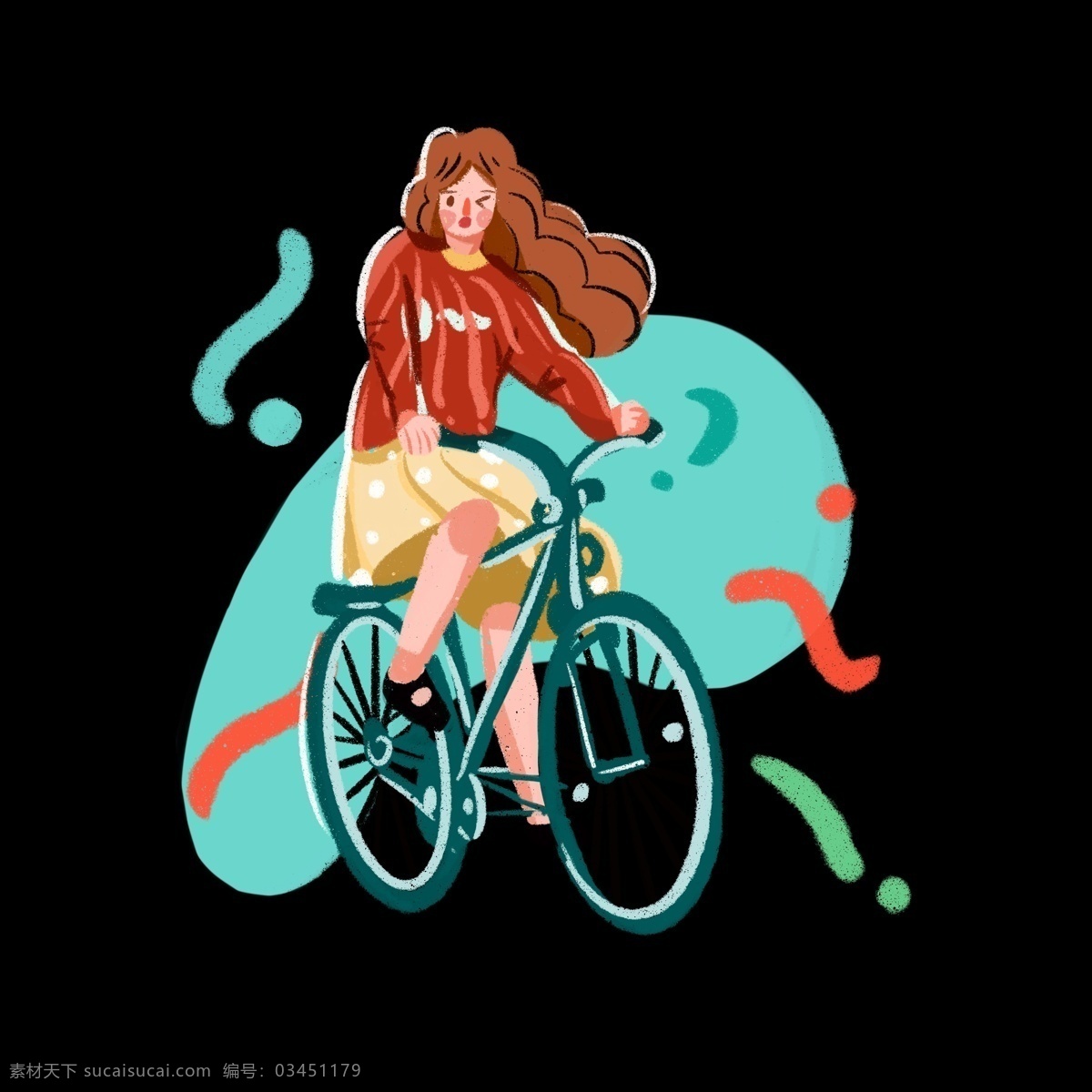 一个 骑车 回家 女孩 手绘 插 画风 免 抠 骑自行车女孩 长头 发 卷发 绿色自行车 小清新插画 运动 banner 手绘插画
