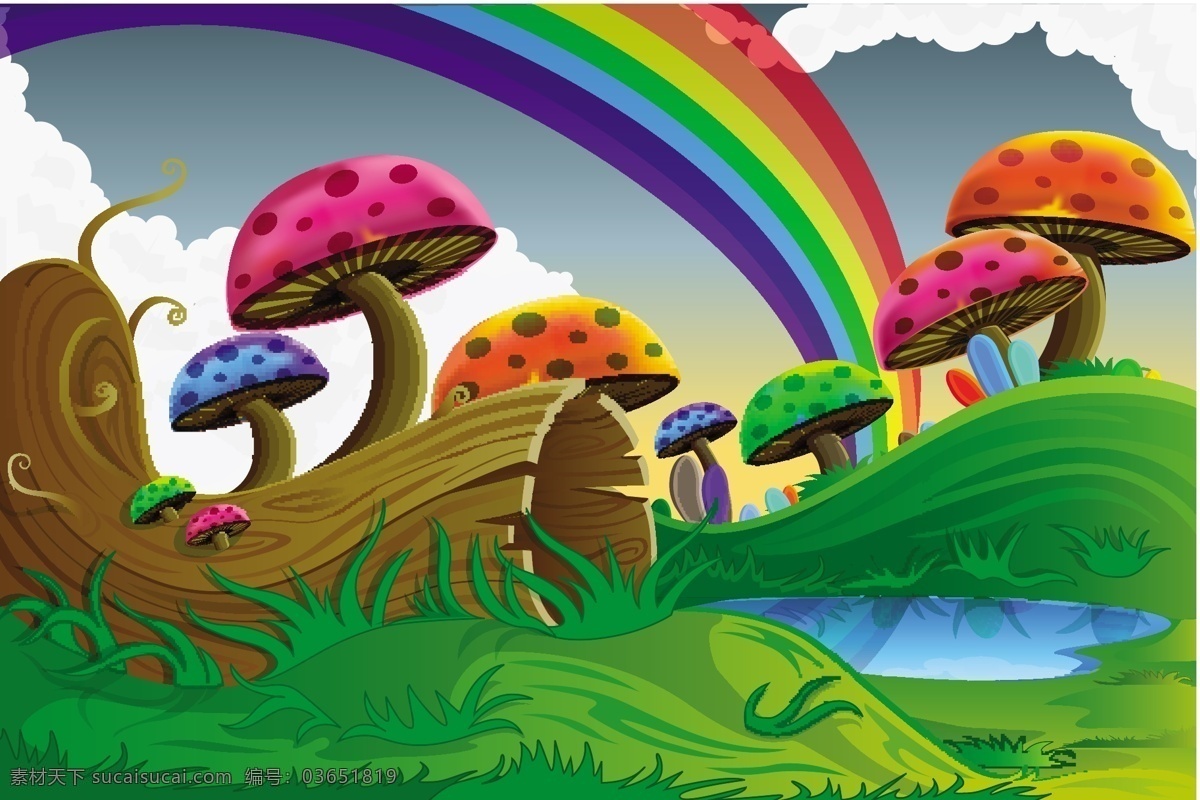 彩虹 蘑菇 矢量图 白云 草地 卡通 蘑菇屋 空的树木