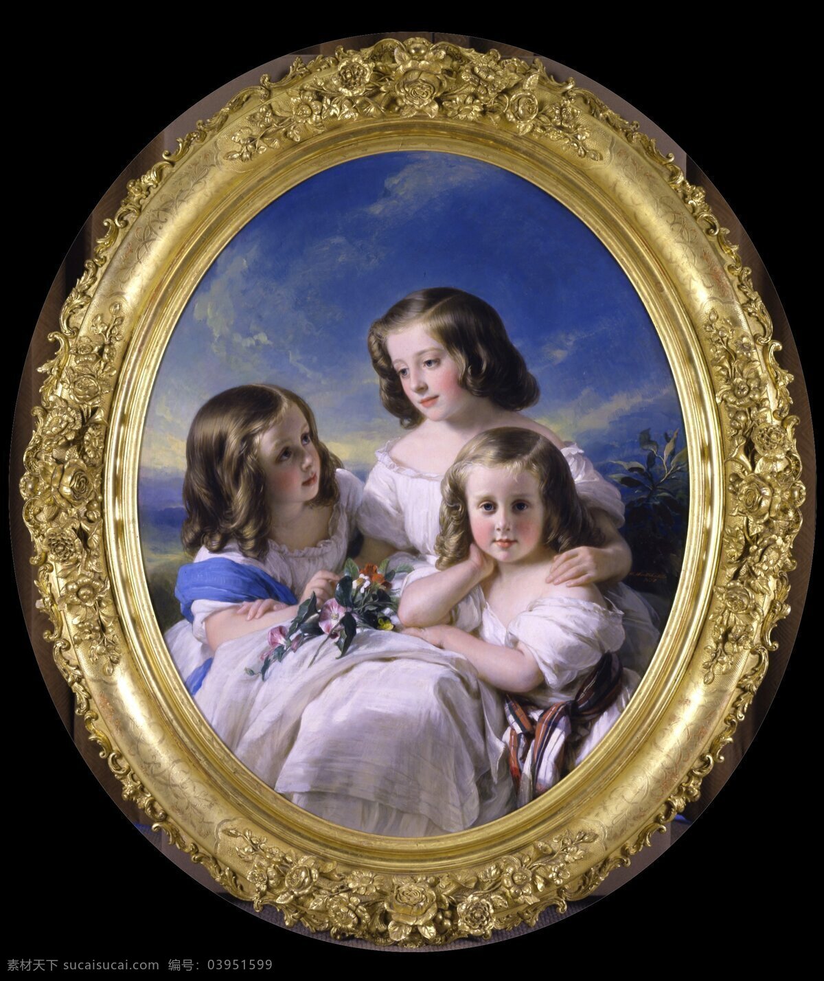 贵族三千金 赫尔曼 温特 哈尔特 作品 德国画家 弗朗茨的弟弟 三个小姐妹 天真烂漫 蓝天白云 享受 美好 童年 时光 19世纪油画 油画 绘画书法 文化艺术