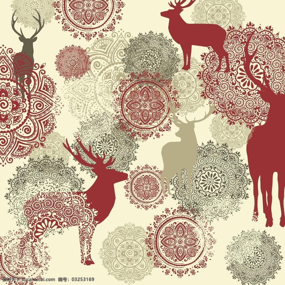 圣诞节 麋鹿 花纹 背景 稿 古典花纹 哥特式花纹 驯鹿 白色