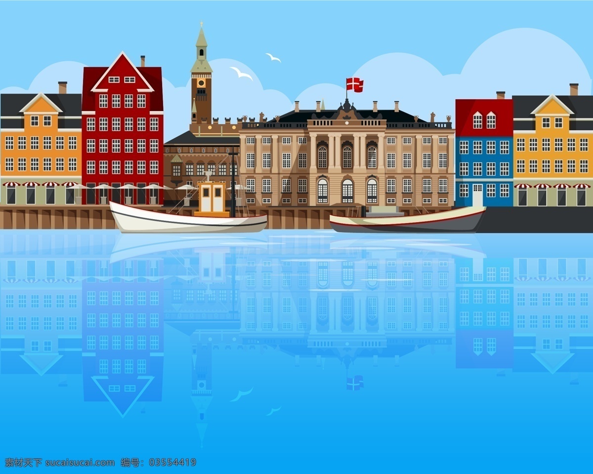 卡通城市 丹麦 国外旅游 大海 海洋 城市天际线 手绘风景 楼房 卡通街景 蓝天 白云 海鸟 海鸥 小船 建筑 国外风景 自然景观 人文景观