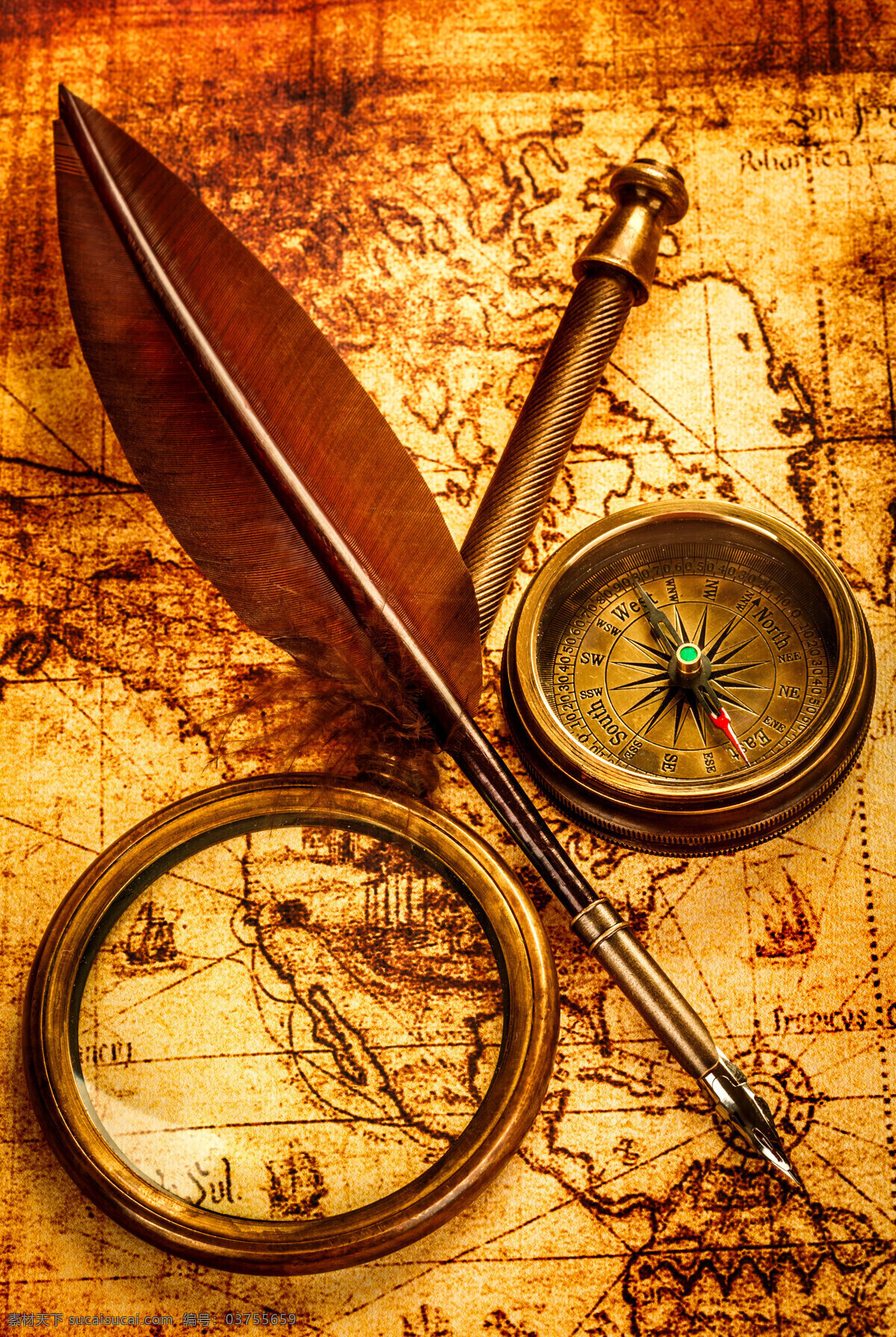 地图 上 放大镜 指南针 羽毛 复古怀旧 航海地图 航海用品 其他类别 生活百科 橙色