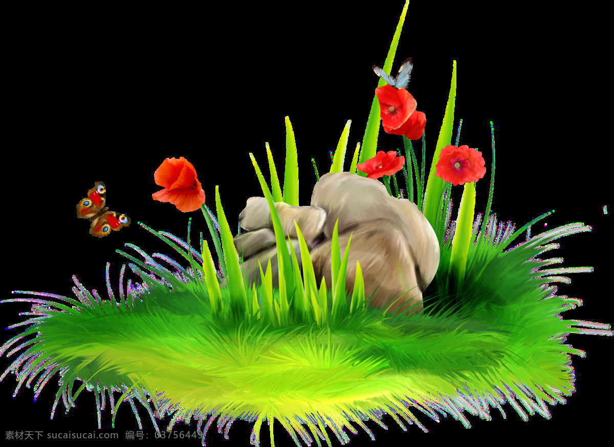 手绘 水彩 花 草丛 透明 蝴蝶 红花 石堆 绿草 透明素材 免扣素材 装饰图片